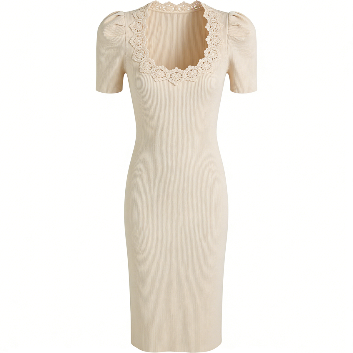 Cream Knit Puff Sleeve Midi Dress