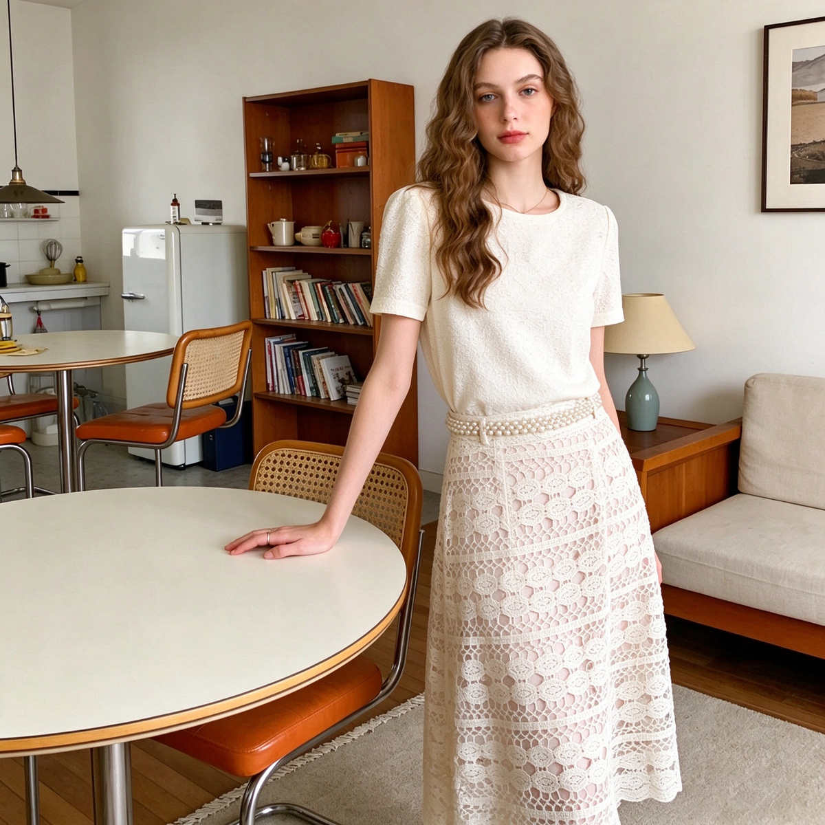 Cream Crochet Lace Midi Skirt