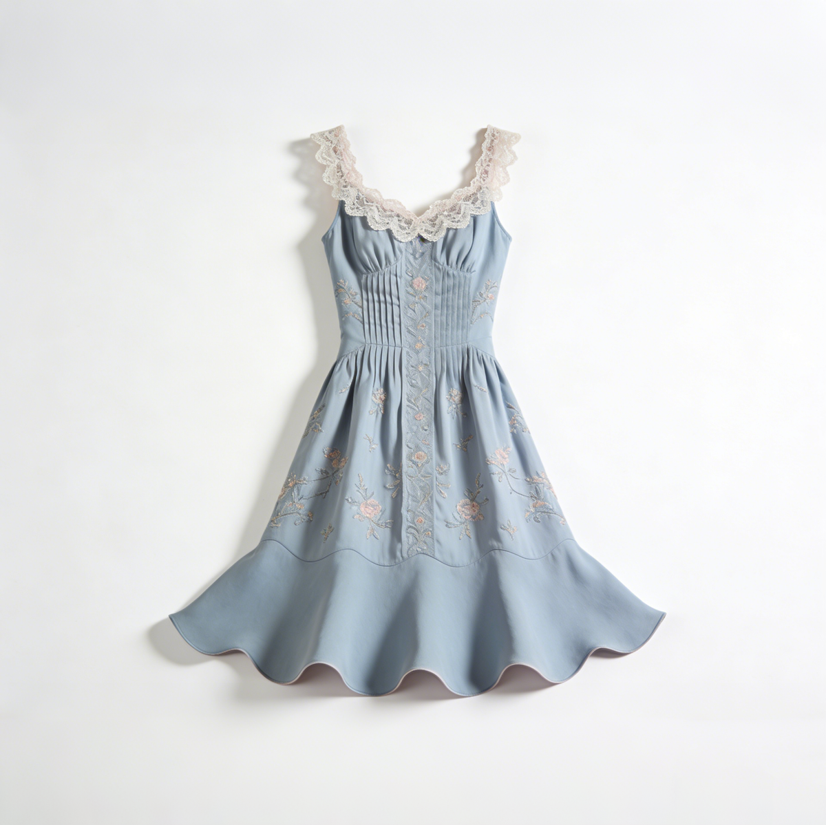 Blue Lace V Neck Floral Dress