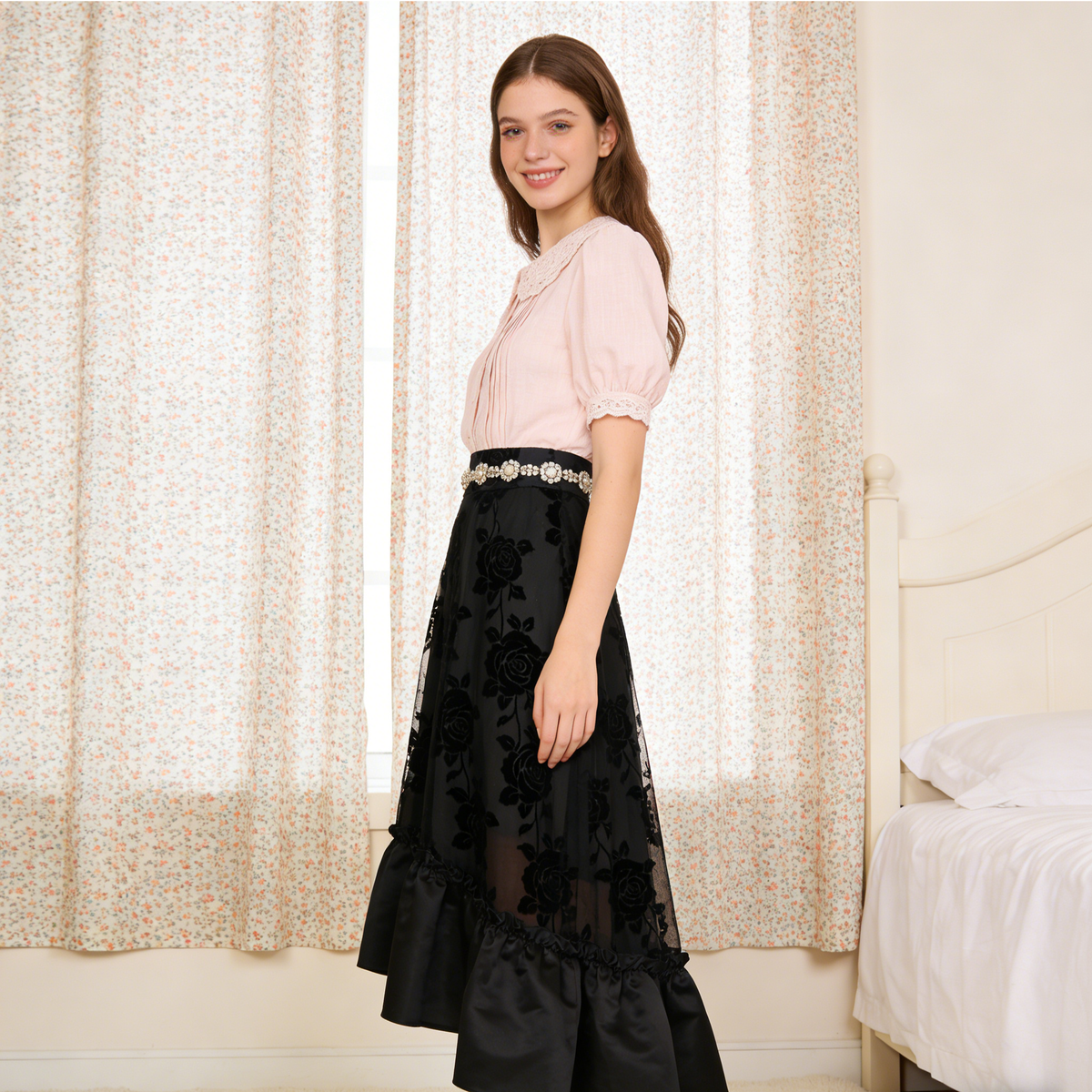 Black Velvet Rose High-Low Skirt