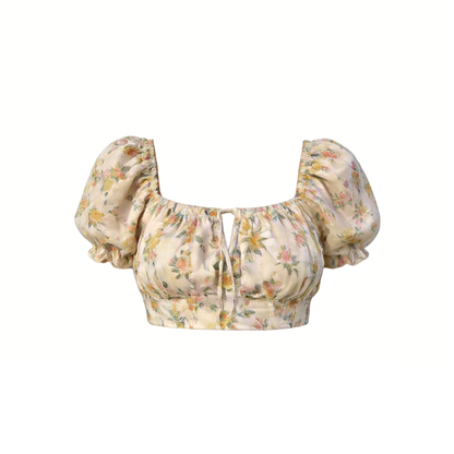Pastel Floral Puff Sleeve Crop Top