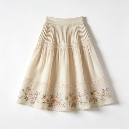 Pleated Floral Embroidered Skirt
