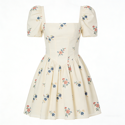 Cream Floral Embroidered Square Neck Mini Dress