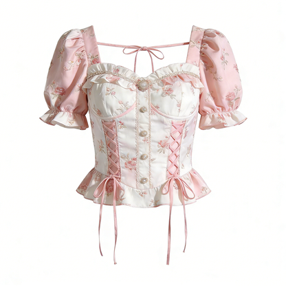 Spring Rose Letter French Floral Square Neck Top