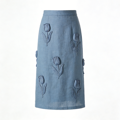 Blue Tulip Embroidery Midi Skirt