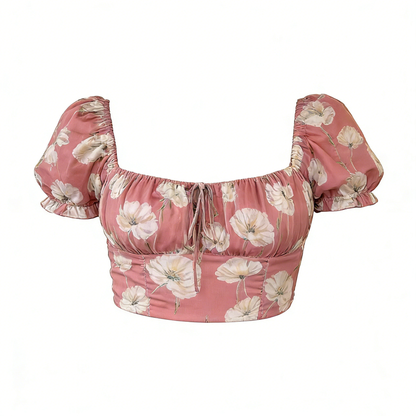 Sweet Girl Floral Print Puff Sleeve Crop Top