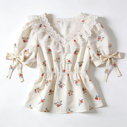 Cream Floral Lace Puff Sleeve Waist-Cinching Blouse