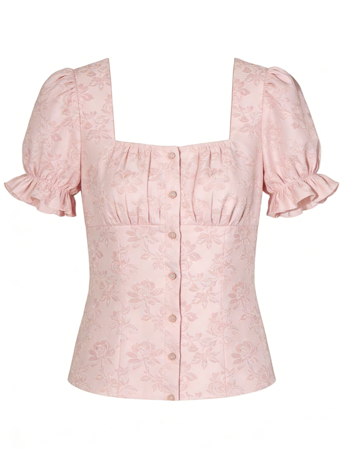 Pink Floral Jacquard Blouse with Puff Sleeves