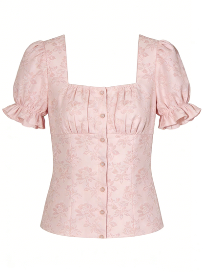 Pink Floral Jacquard Blouse with Puff Sleeves