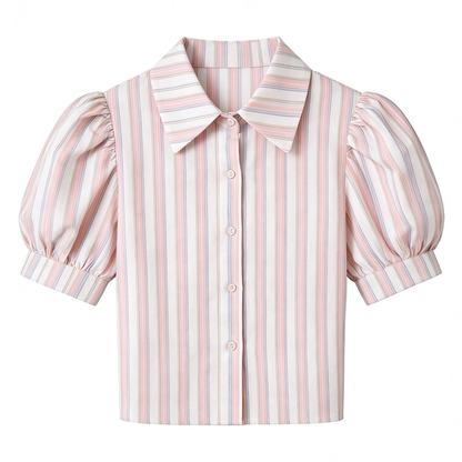 Pink & White Striped Puff Sleeve Blouse