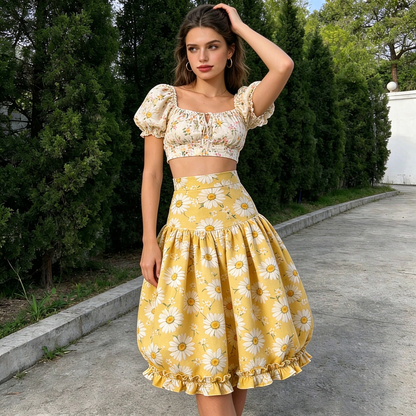 Yellow Daisy Ruffled Midi Skirt